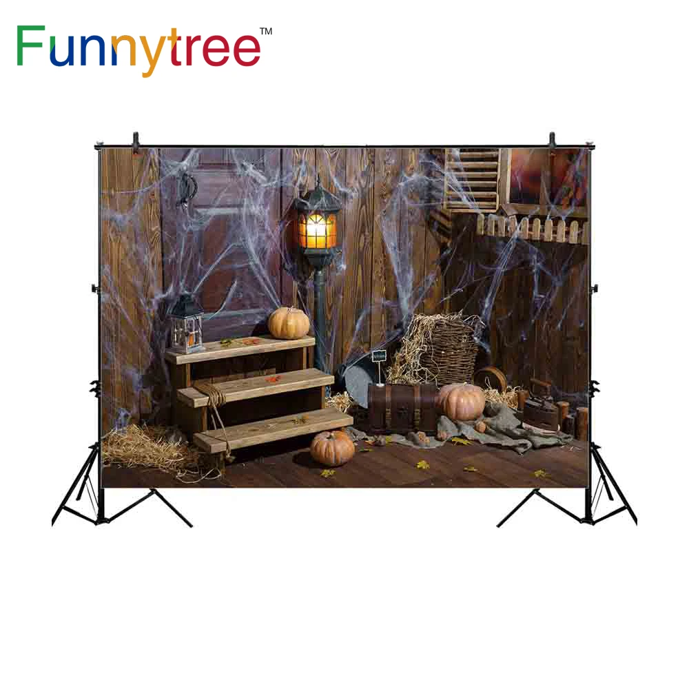

Funnytree backdrop for photo studio Messy warehouse Halloween pumpkin Spider web door kids photography background photocall