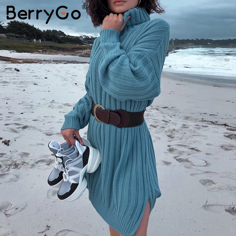 BerryGo Просто, элегантно трикотажное платье для женщин осень черепаха шеи женский белый свитер платье сексуальные праздничные однотонные женские зимние бирюзовые платья - Цвет: Синий