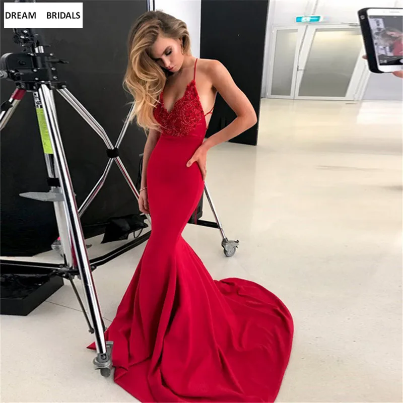 Sexy Spaghetti Strap Mermaid Red Carpet Celebrity Dresses Women V-Neck Abiye Gece Elbisesi Abendkleider 2019 (1)