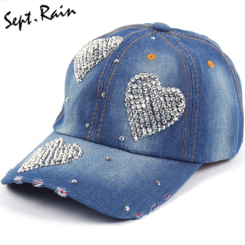 

Baseball Caps Love Shape New Fashion Hat Caps Sunshading Men Women's Bbaseball Cap Rhinestone Hat Denim And Cotton Snapback Cap