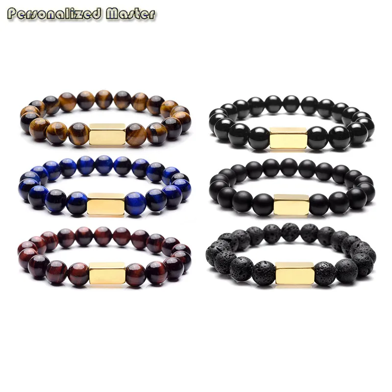 

Personalised Master Text Engraved Natual stone Stretch Men's Bracelet Elastic Bangle Gift DIY for boyfriend father