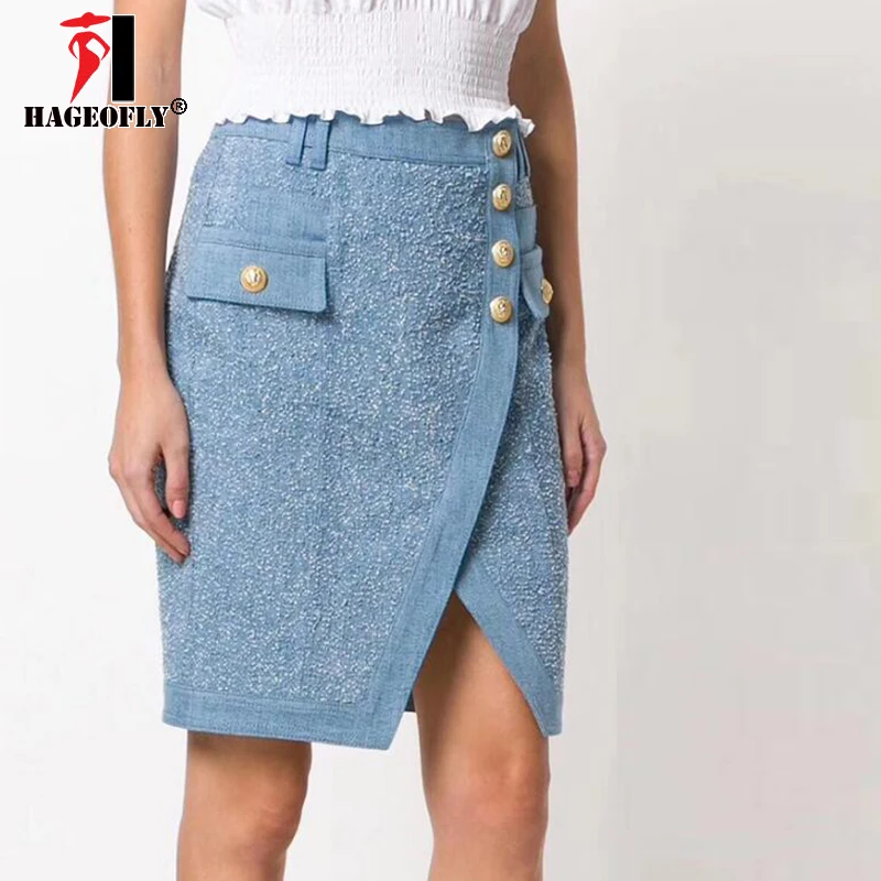 

HAGEOFLY New Designer Short Jeans Skirt Women Blue Denim Skirt Mini A Line Saia Jeans Lion Gold Button Jeans Skirt Wholesale