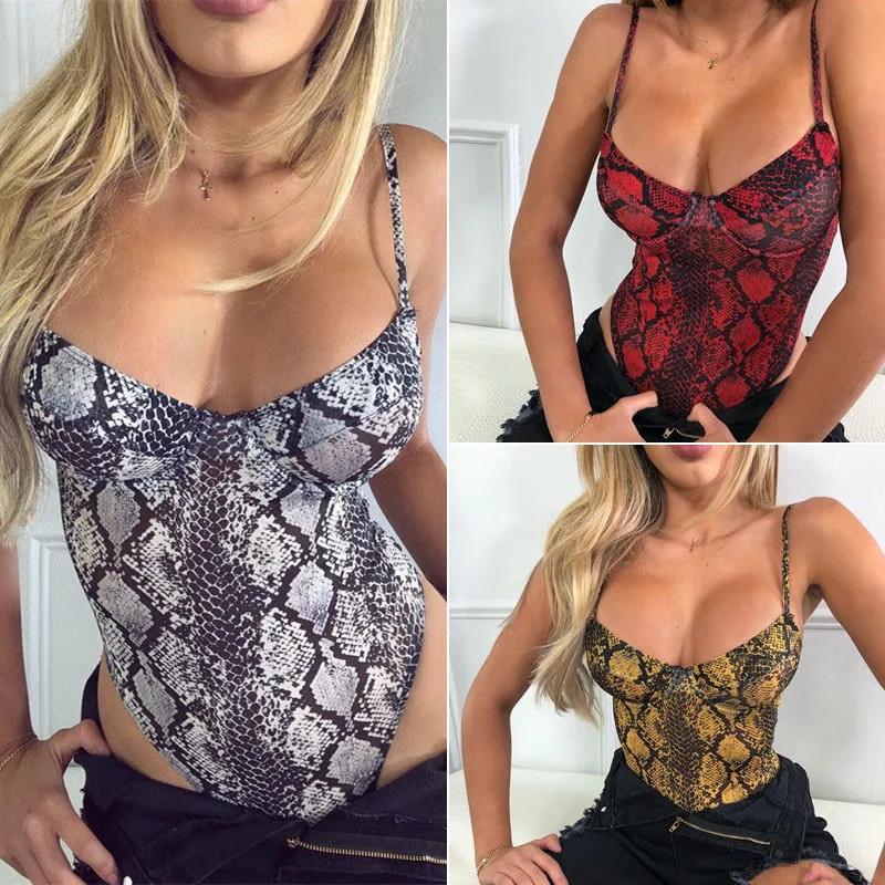 Dotrend High Cut Snake Print Bandage Bodysuit Women One Piece Suit Push Up Swimwear Rompers Female Sexy Bodycon Summer Bodysuit bustier bodysuit