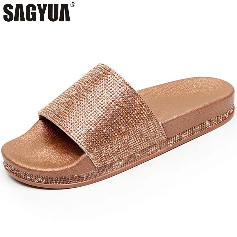 Women Slides Casual Fashion Babouche Sequined Crystal Rhinestone Peep Toe Thicken Soled Slipper Sandals Flat Loafers Shoes T629 | Обувь