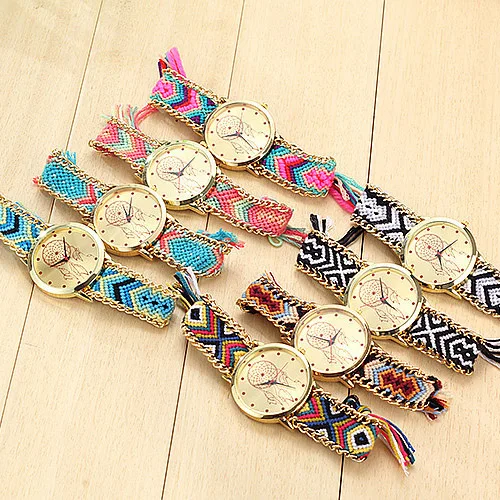 

Droppshiping Vintage Women Ethnic Handmade Braided Quartz Watch Knitted Dreamcatcher Wristwatch Gifts BFJ55
