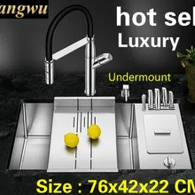 Квартира роскошный кнопочный слив большая кухонная ручная раковина одинарная мойка из нержавеющей стали Горячая 76x42 см