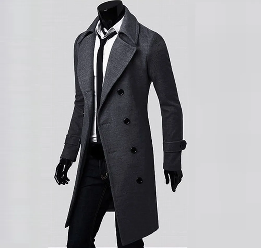 

2018 Winter Men Long Coat Slim Stylish Trench Coat Double Breasted Long Jacket Parka Solid Fashion Male Wool Coat