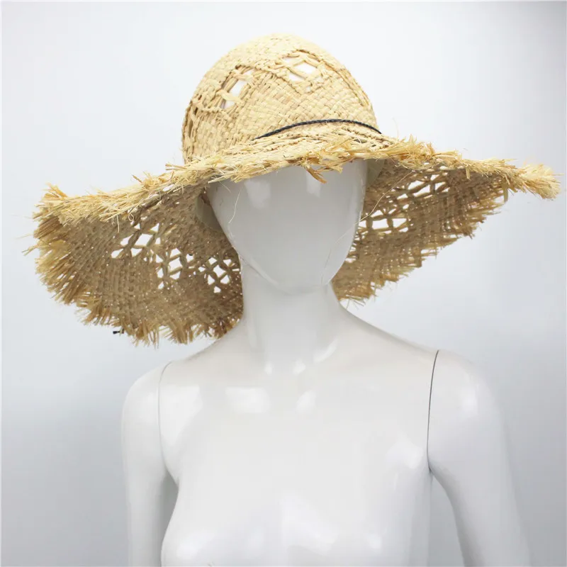 

Summer Beach Women Fedora Cap Wide Brim Vacation Floppy Straw Sun Hat 46cm Hand Made Straw Hat Raffia