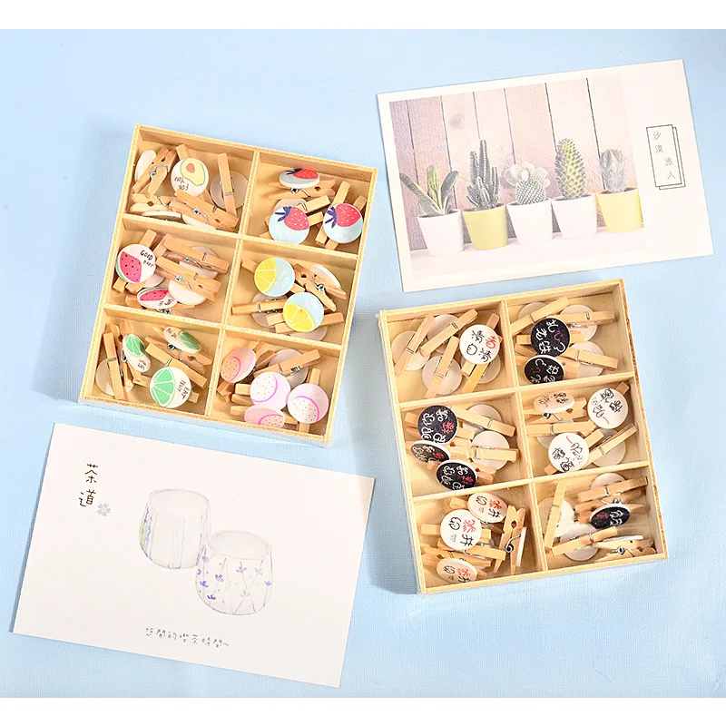 

30pcs/box Beautiful Design Mini Color Wooden Clips Decorations Paper Photo Spring Clips For Message Cards school & Office Supply