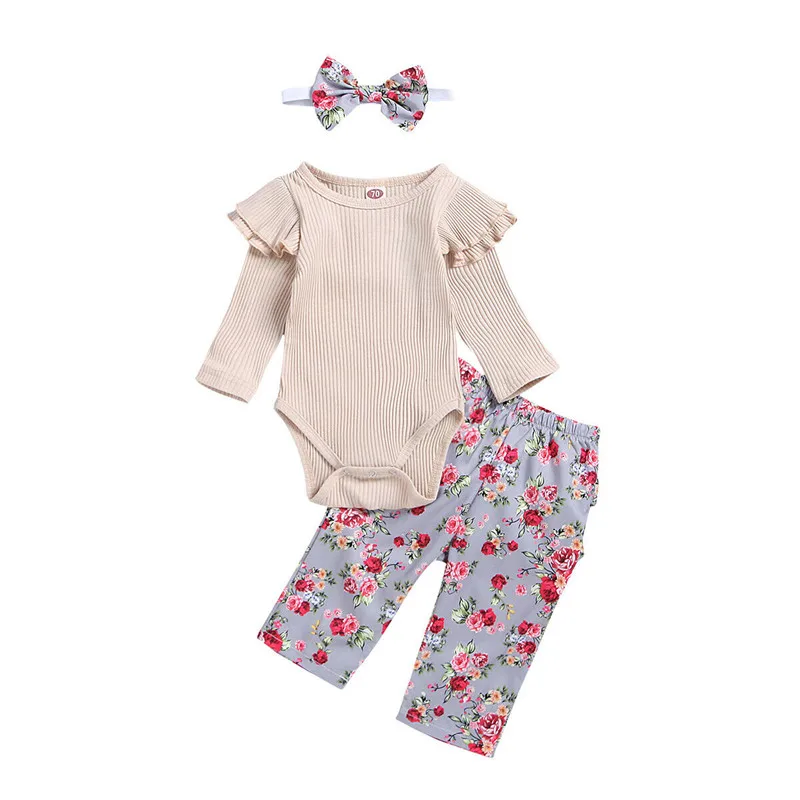 Топ с оборками и длинными рукавами для новорожденных девочек 0-24 месяцев, боди, длинные штаны с цветочным рисунком повязка на голову для