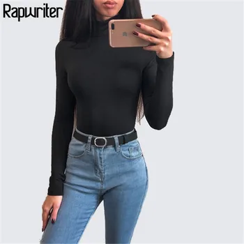 

Rapwriter Solid Color Turtleneck Skinny Sexy Bodysuits Women 2020 Autumn Winter Keep Warm Long Sleeve Bodycon Sheer Bodysuit