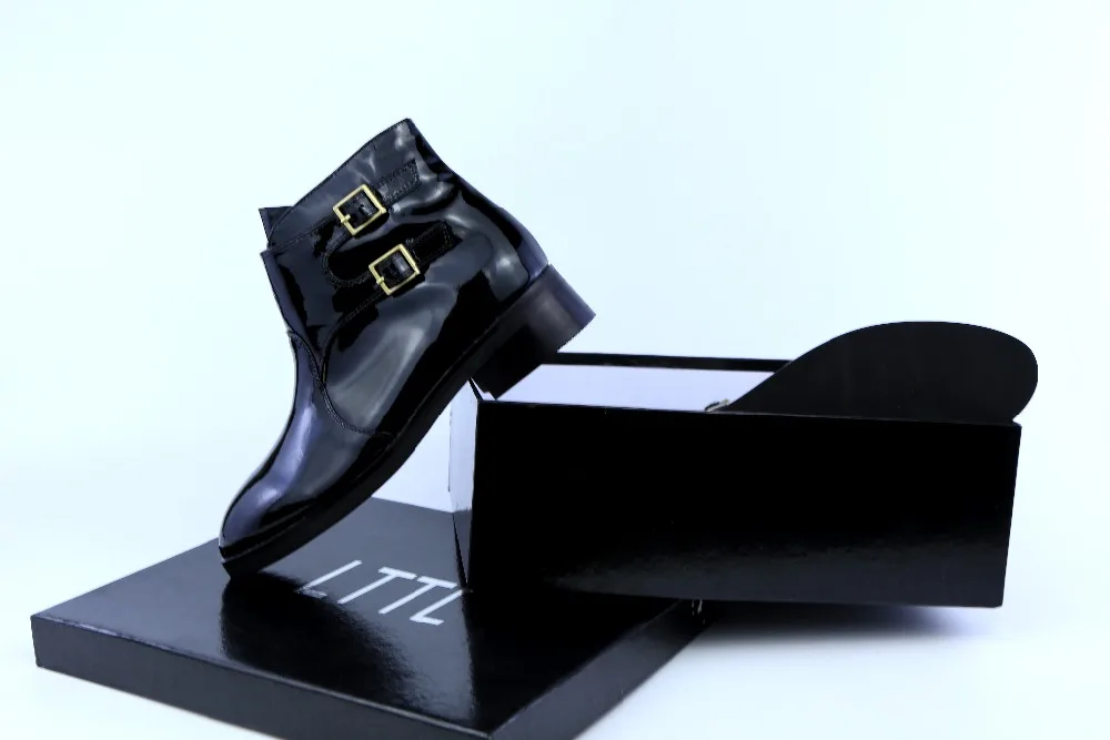 Latest Women Buckle Straps Ankle Boots Patent Leather Thick Heel Boots New Autumn Winter Dress Boots Woman