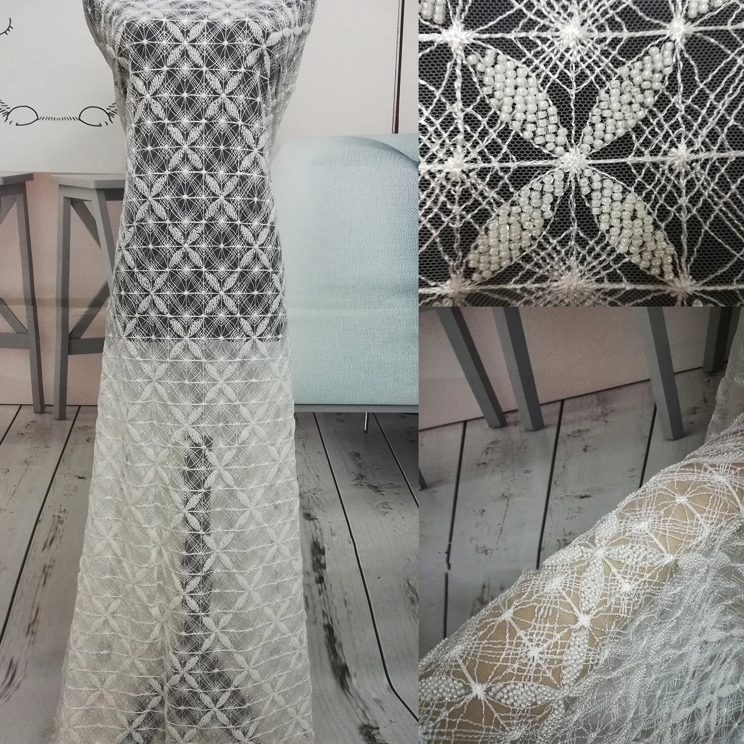 

Super heavy Beaded Lace Fabric High Quality Haute Couture Luxury Sequins design tulle French lace fabric for dresses by yards