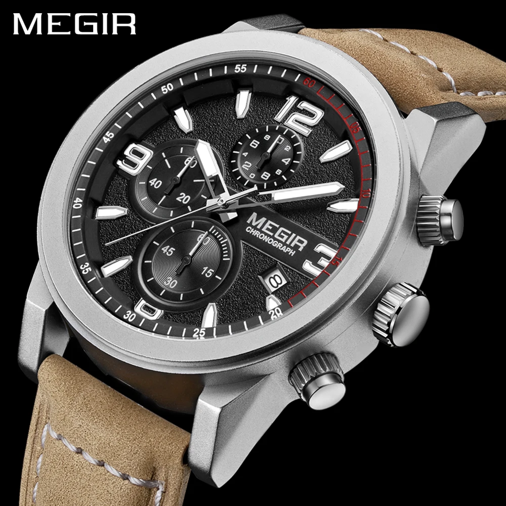 MEGIR Brand Luxury Military Watches Men Quartz Chronograph Leather