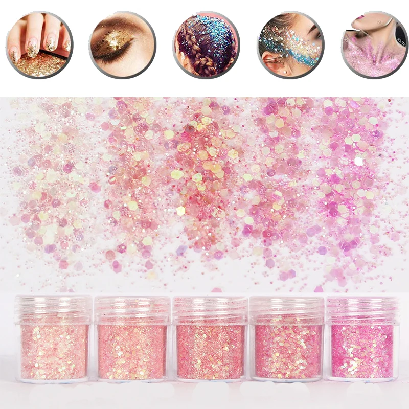 

5 Box Rose Pink Chunky Nail Glitter Hexagon Shape Mixed Size Nail Sequin Paillettes Nail Art Glitter Sparkles Manicure Dust