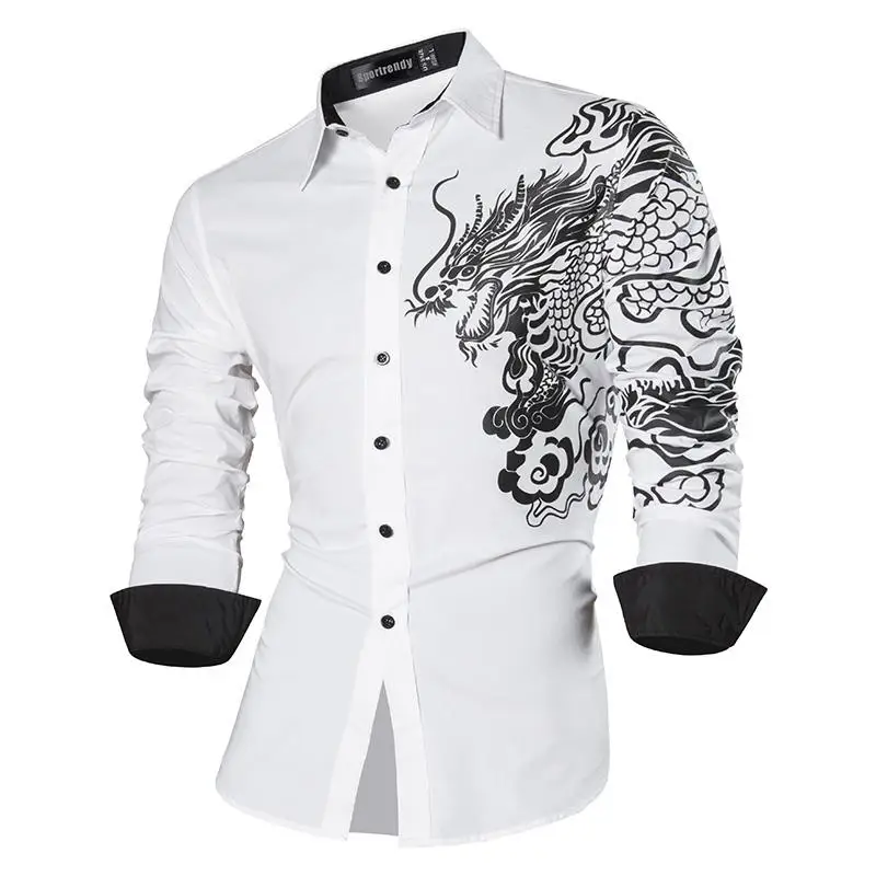 

Sportrendy Men's Shirt Dress Casual Long Sleeve Slim Fit Fashion Dragon Stylish JZS041 White2