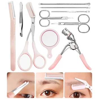 

10pcs Cute Stainless Steel Eyebrow Scissors Tools Kit with Mirror Eyelash Curler Acne Tools Ear Spoon for DIY Shaping