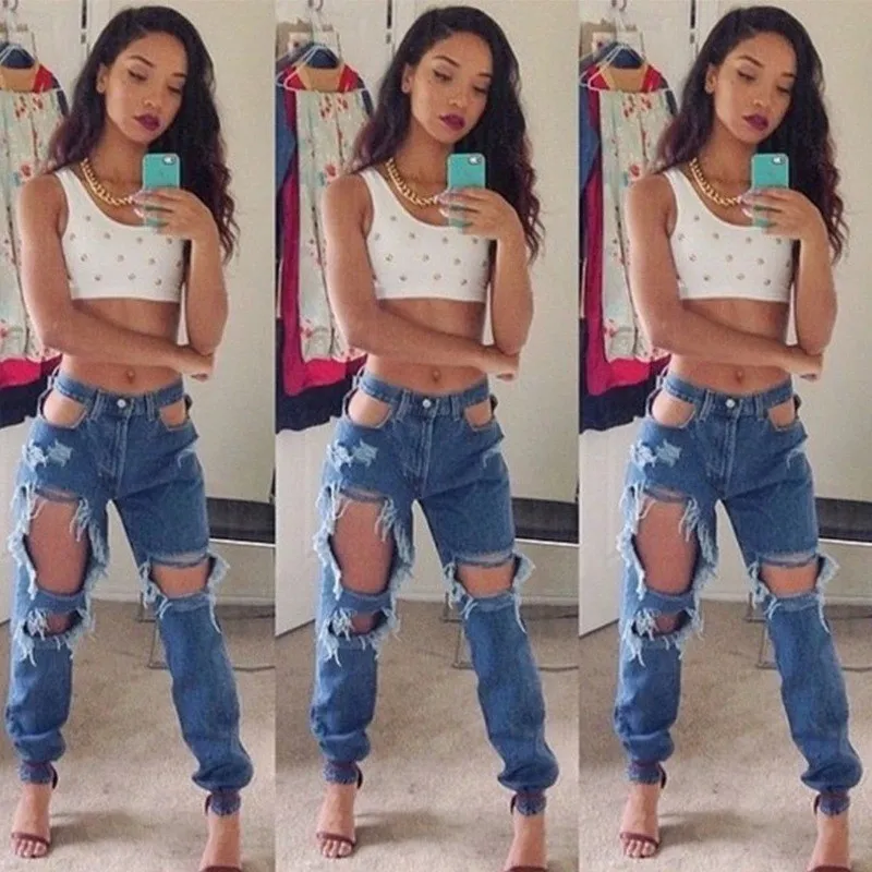 

Women Hole High Waisted Pencil Jeans 2019 Summer Autumn Skinny Denim Pants Pencil Pants Casual Blue Full Length Jeans