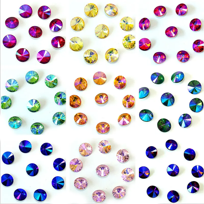 

5 Sizes Multicolors Glass Crystal Round Pointback Rhinestones Colorful Round Rivoli Fancy Rhinestone For Wedding Dress B3653