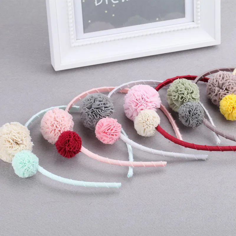 Boutique 12pcs Fashion Cute Gauze Pom Pom Hairbands Kawaii Solid Candy Color Ball Hard Hairbands Princess Headwear Accessories