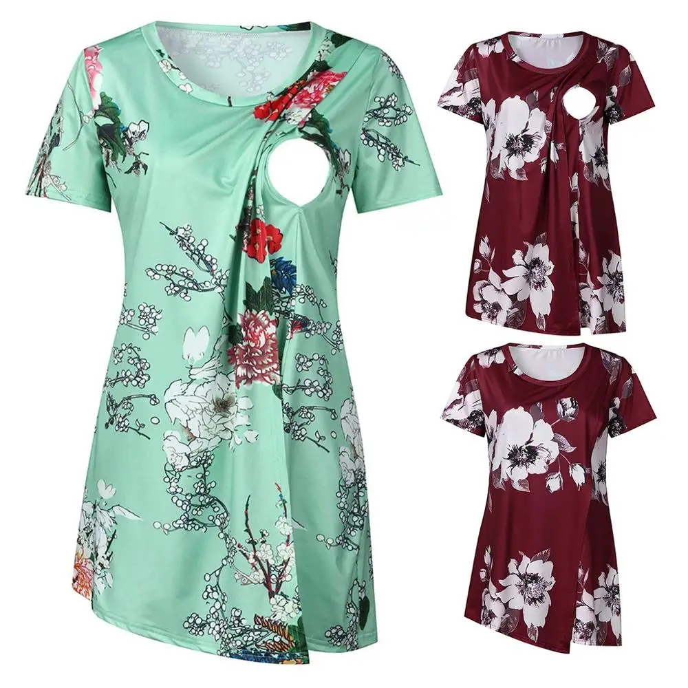 

Short Sleeve Summer Maternity Nursing Tops Women Maternity Short Sleeve Floral Layered Nursing Breastfeeding T-shirt Tops A1