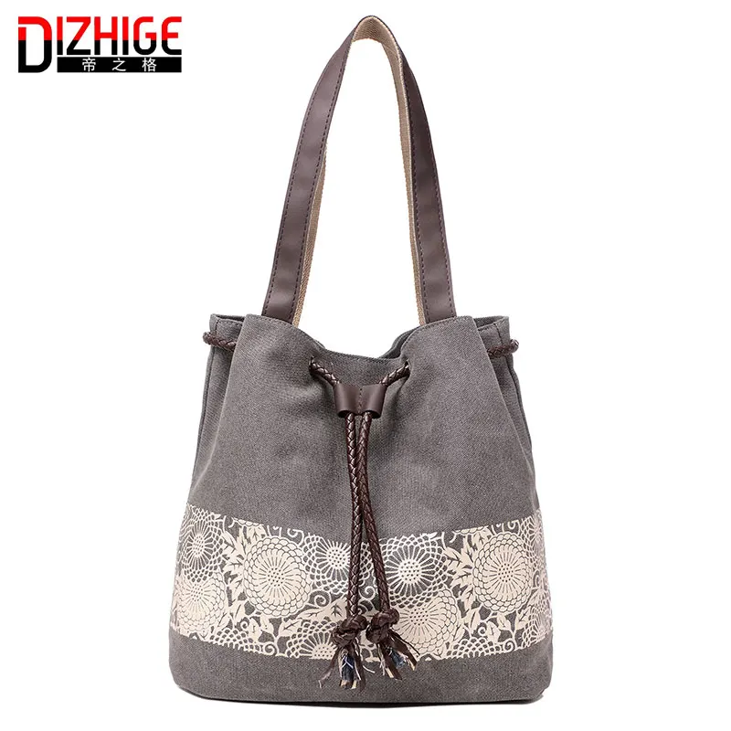 Women Floral Canvas Bucket Casual Shoulder Bag Spanish Beach Bags Women String Shopping Handbags Lace Printing Bag Female Bolso
