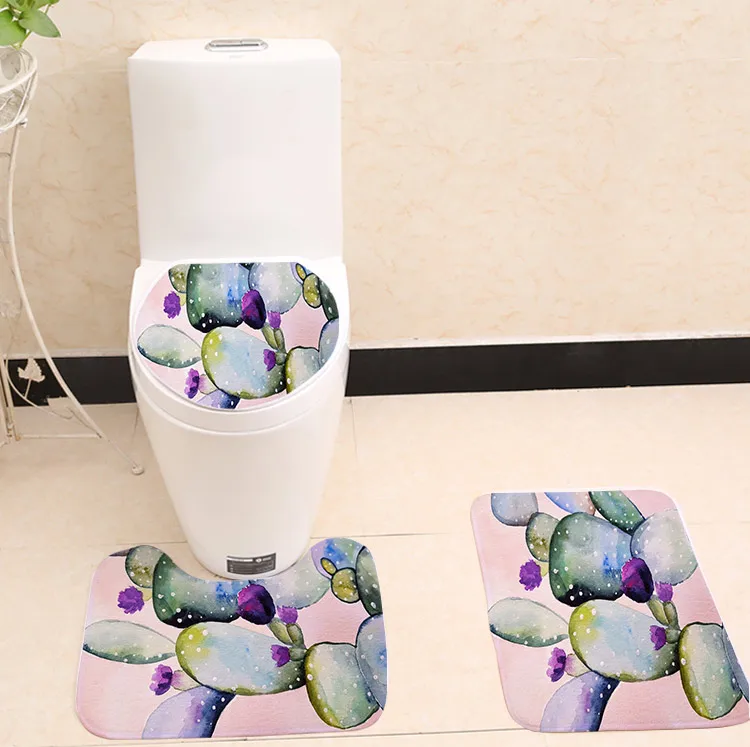 

3pcs Cactus Stylish Digital Printing Flannel Fabric Toilet Case Non-slip Mat Bathroom Products Toilet Sets Cover For Decoration