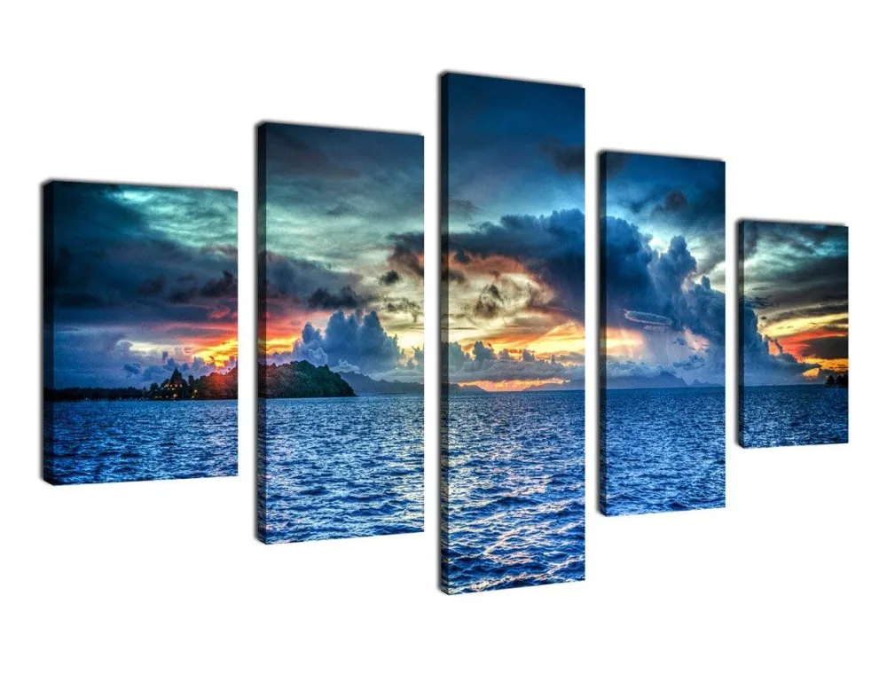 Canvas Painting Wall Art Sunset Sea Framed Ready to Hang - 5 Piece Large Contemporary Nature Painting Bora Bora Polynesia Heavy Clouds Ocean Art Modern Picture Artwork for Home Decoration