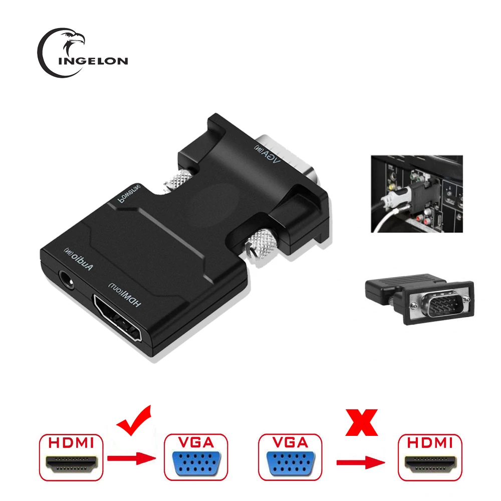 

INGELON 1080P HDMI Female to VGA Male Converter Adapter Dongle with 3.5mm Stereo Audio Cable HDMI Connect For Laptop PC PS3 STB