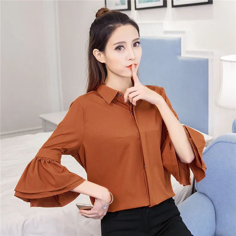 Free Shipping 2017 Autumn Pure Color Chiffon Blouse Women Tops Turn-down Collar Flare Sleeve Shirt Ladies Office |