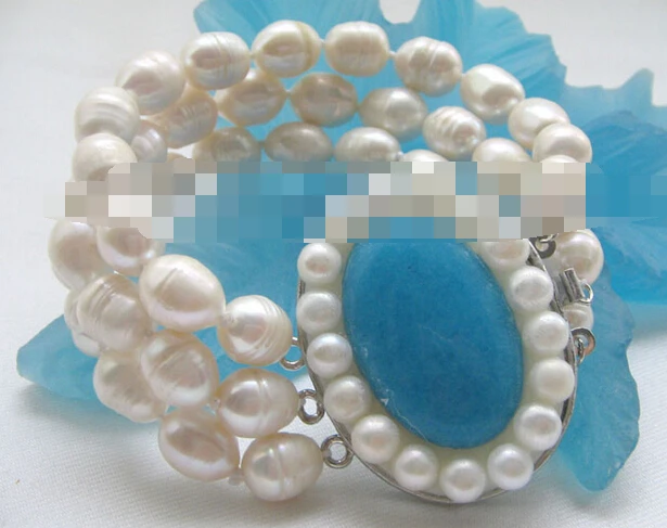 

Hot sell ->@@ > 00899 3row natural white baroque freshwater pearl bracelet-blue -Top quality free shipping