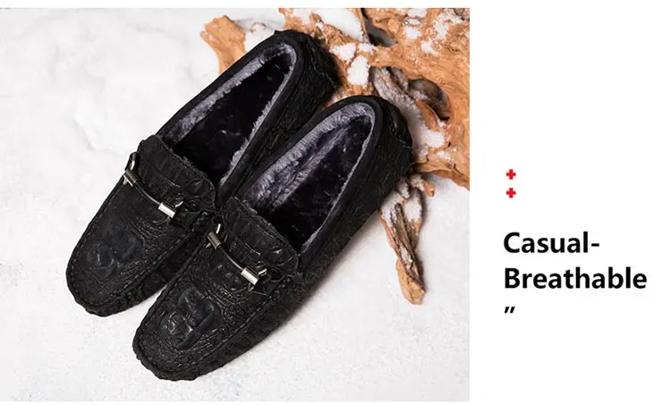 Men Loafers Plush Keep Warm Soft Moccasins Winter Suede Leather Slip On Shoes Casual Mens Fur Flats Gommino Driving Shoes Black