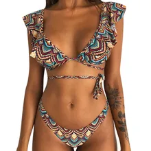 Танкини, женский, Ретро стиль, волан, бандаж, принт, бикини с завязкой на шее, бикини, две части, купальник, бикини, feminino