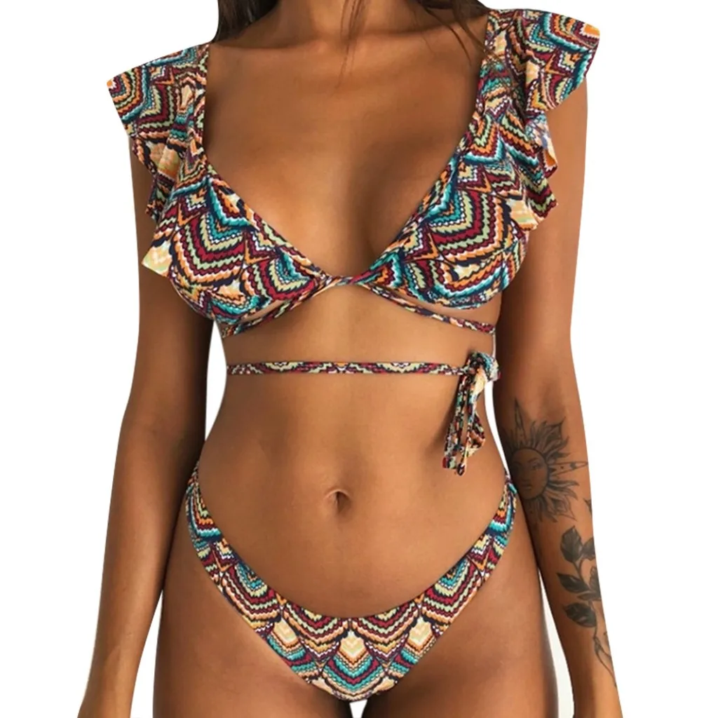 

2019 tankini Women Retro Flounce Bandage Print Bikini Halter Neck Bikini Two Piece Swimsuit biquinis feminino 2019