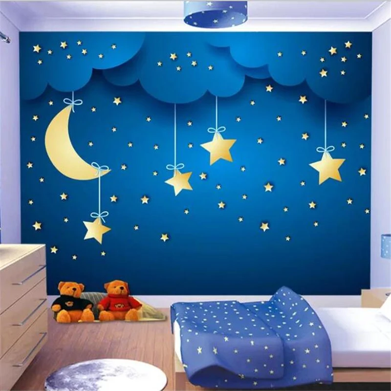 

beibehang Wallpaper custom large high-grade blue starry moon stars children cartoon background wall papier peint mural 3d