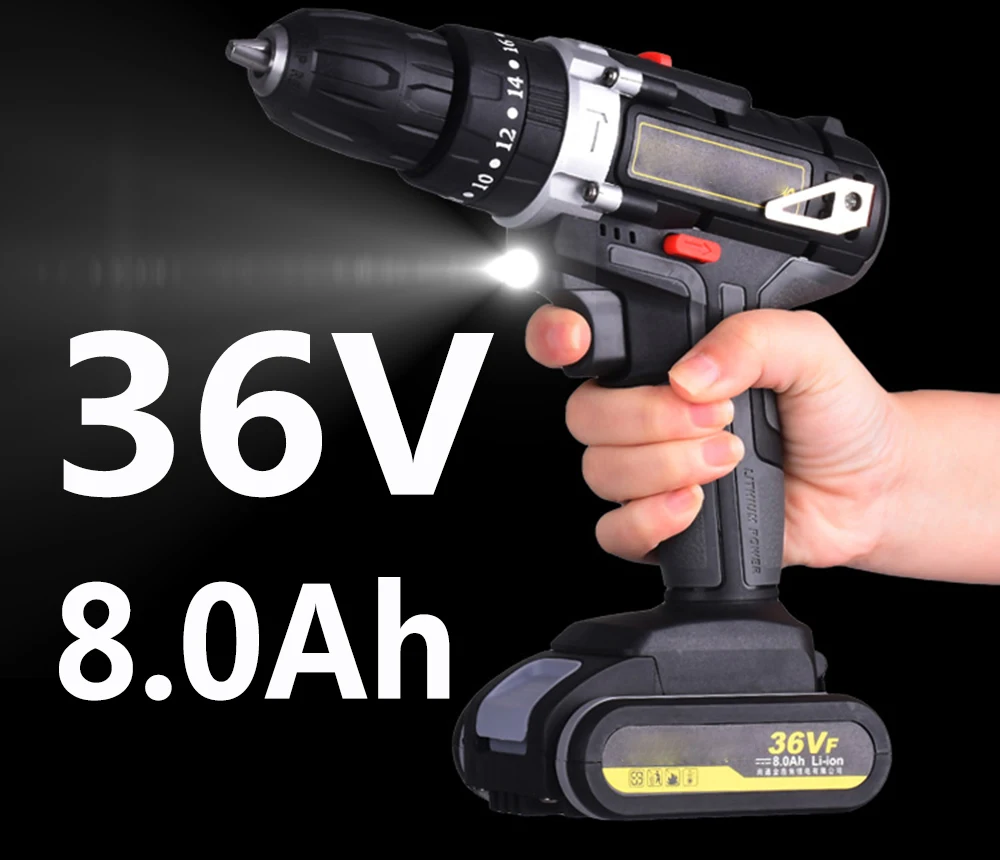 

36V Portable Cordless Drill Driver 2 Speed LED Light Battery Electric Screwdriver Hammer Power Tool for Wood Metal