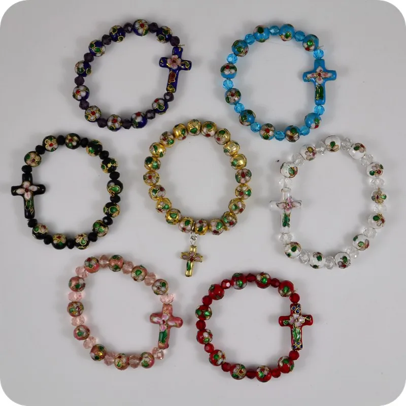 7pc/lot Cloisonne Rosary Beads Bracelets Sideways Cross Pendant Crystal