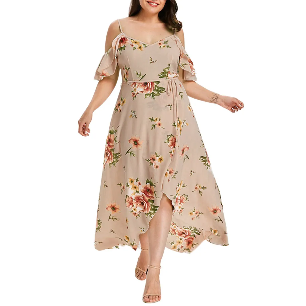 Платье для беременных размера плюс, женское,, повседневное, с коротким рукавом, с открытыми плечами, бохо, с цветочным принтом, длинные платья vestidos - Цвет: Бежевый