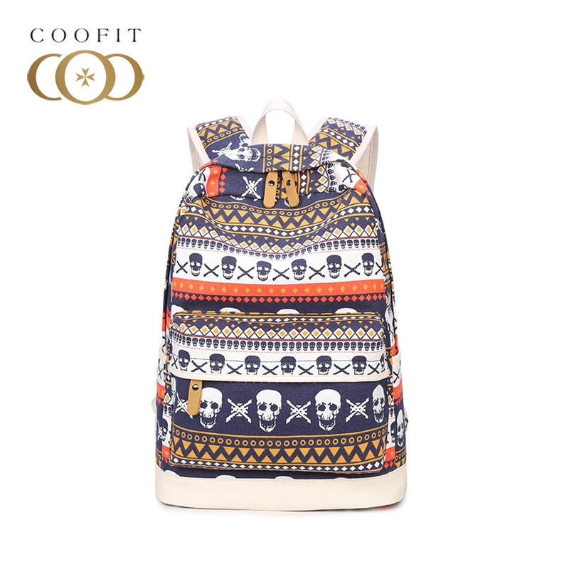 

coofit Vintage Girl's Canvas Backpack National Fashion Stylish Skull Printing Backpack Large Capacity School Bag Travel Backpack