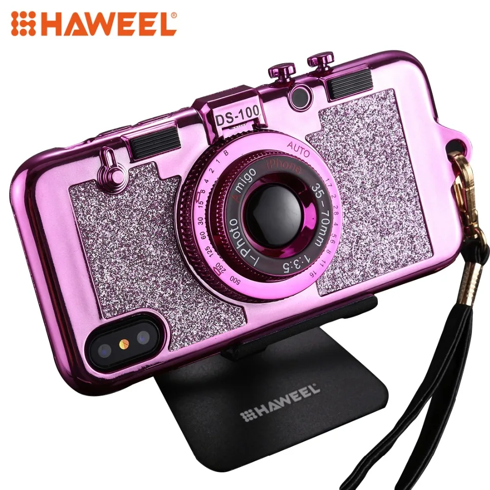 

HAWEEL Back Cover Case For iPhone X XS TPU Camera Shape Mirror Glitter Protective Case+Holder+Lanyard Kickstand Phone Shell Case