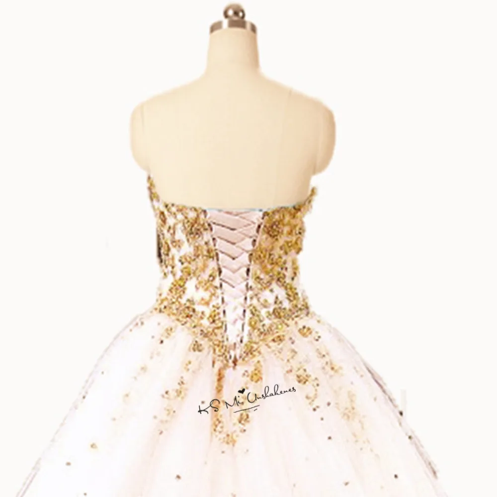 Quinceanera Dresses Sweet 16 Ball Gowns Prom Dress White Gold Lace Puffy Masquerade Vestidos de 15 anos