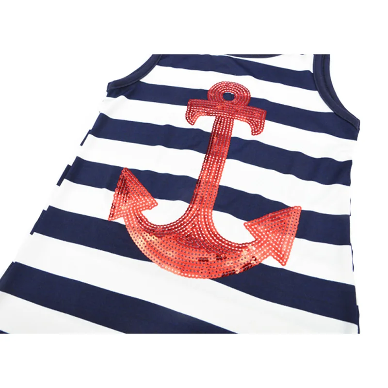 2015 summer style Navy striped mother daughter dresses Sequin Anchor sleeveless long dresses fashion Polyester family look clothes (4)