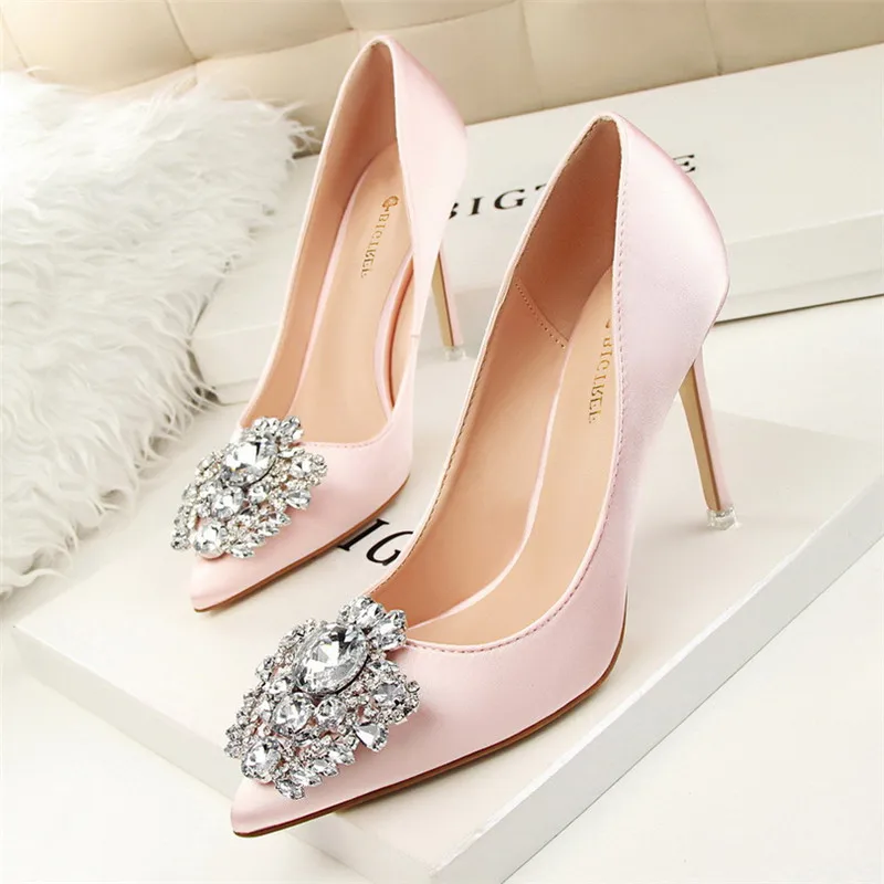 BIGTREE/серебристые, серые, черные женские свадебные туфли; женские туфли-лодочки из искусственного шелка, сатина, со стразами и кристаллами; туфли на высоком каблуке-шпильке - Цвет: pink