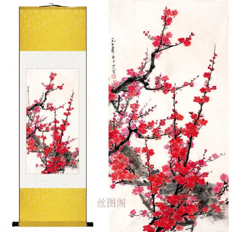 

Chinese Silk watercolor flower birds ink Plum flower original art feng shui canvas wall damask picture framed scroll painting