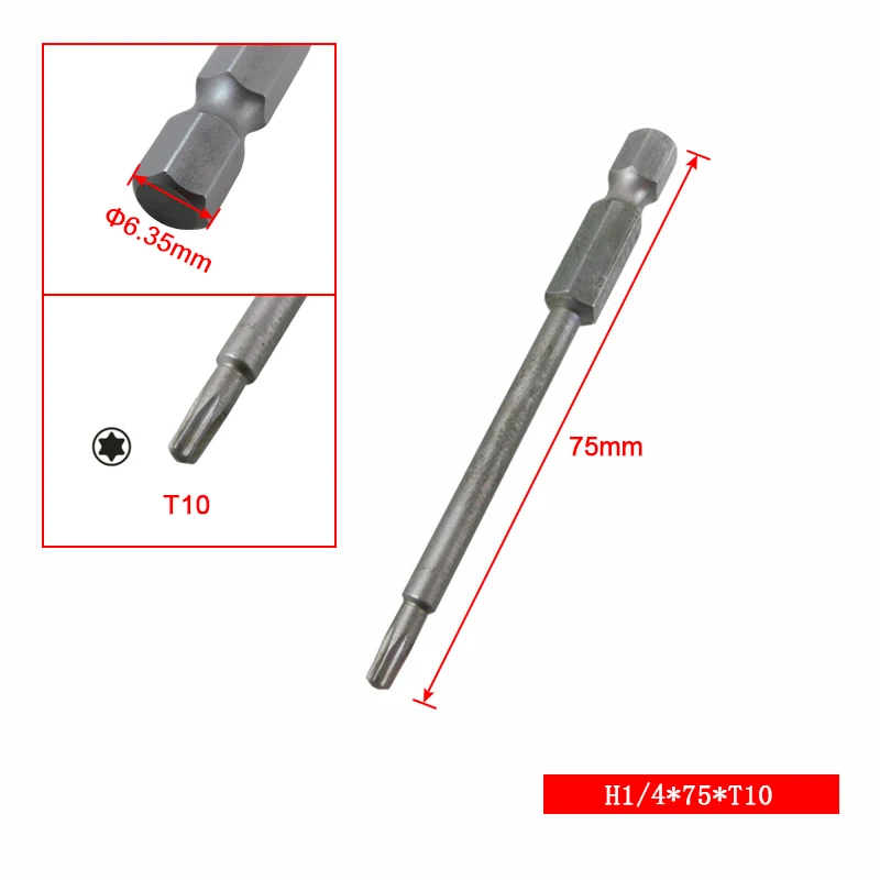 STLRENDA 10 шт. Набор отверток Torx набор магнитных головок Torx T8-T30 шестигранной головкой 1/4 дюйма 50 мм S2 легированная сталь для ручных инструментов - Цвет: 6.35x75xT10