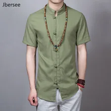 Jbersee хлопковая Льняная мужская рубашка с воротником-стойкой винтажная повседневная мужская рубашка с коротким рукавом приталенная мужская летняя рубашка Camisa Masculina