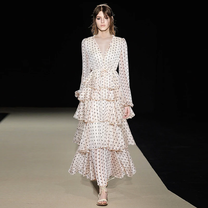 

France style polka dots Dress Fashion lantern sleeves ruffles dress Women's V neck long sleeves party dress A017