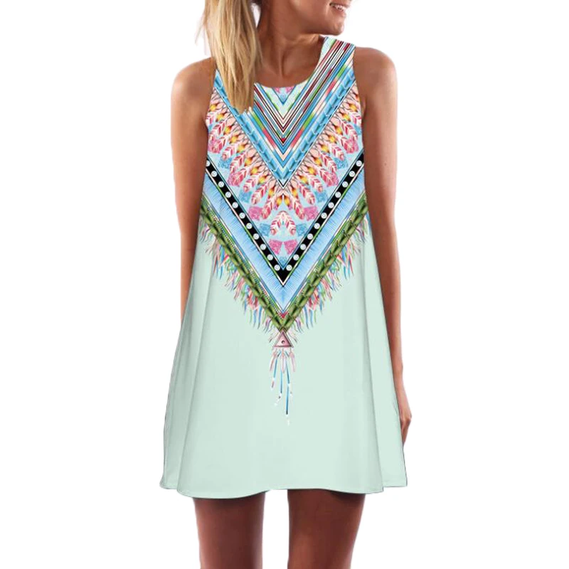 

Women Dress O-neck Sleeveless Dresses Boho Sexy Chiffon Beach Dress Women's Print Summer Dress Brand New Femme Vestidos