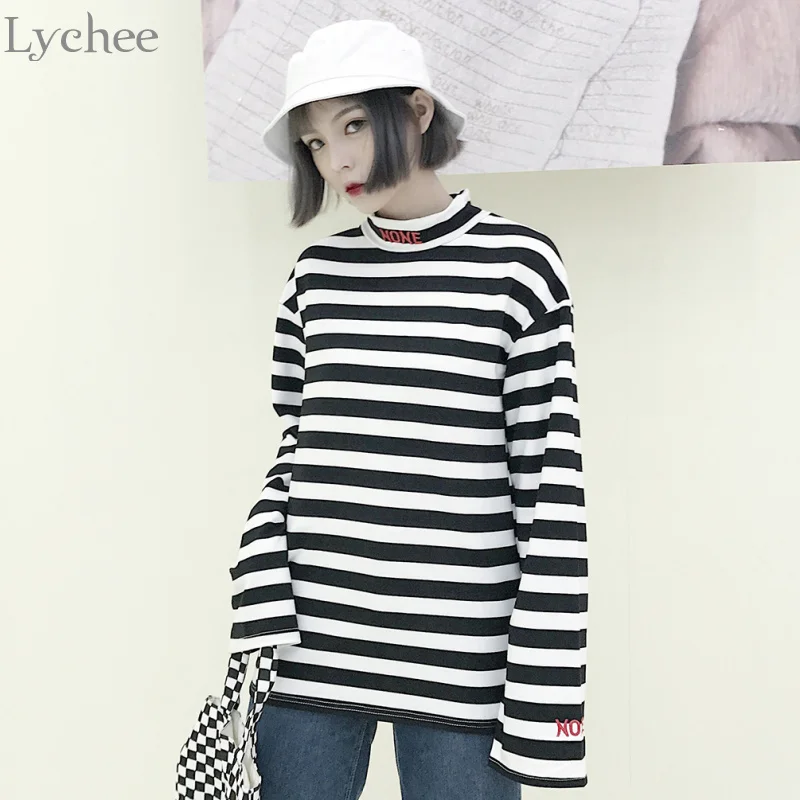 Футболка Lychee Женская весенне осенняя с буквенным принтом и вышивкой в полоску