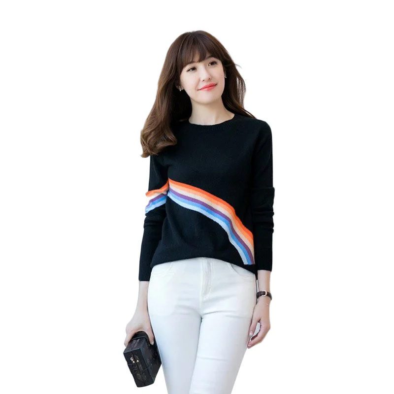 

2018 WOMEN Trendy Extra Fine 100% Cashmere O-Neck Color Striped Pullover Knitted Knit Tops Sweaters Female Jumper #06